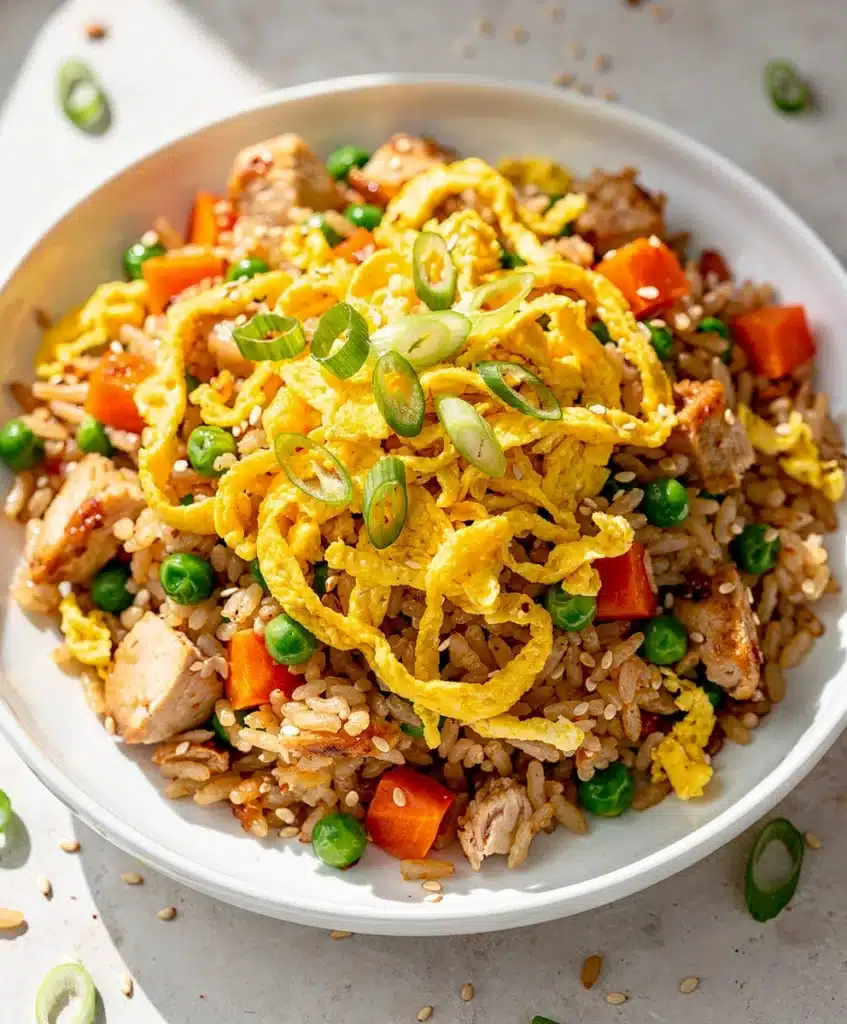 Golden scrambled eggs bind tender chicken fried rice with peas and carrots.