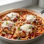 Creamy chicken parmesan pasta skillet with melted mozzarella and fresh basil