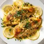 Golden pan-seared chicken breast with lemon caper sauce on white plate.