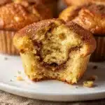 Soft cinnamon sugar muffins on a rustic table with butter and morning light.