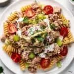 Creamy cold tuna pasta salad with rotini celery and dill dressing