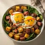 Corned beef hash breakfast bowl with greens topped with a sunny side up egg