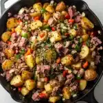 Corned beef hash with crispy hash browns topped with fried eggs and parsley