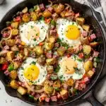 Crispy corned beef hash with fried eggs in a rustic cast iron skillet.