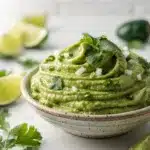 Creamy avocado salsa in a rustic bowl with fresh cilantro and lime