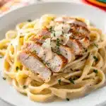 Creamy chicken alfredo pasta for two on a clean white plate.