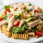 Creamy Chicken Caesar Pasta Salad recipe with rotini and Parmesan cheese
