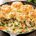 Creamy chicken pot pie casserole with golden flaky biscuit topping in skillet.