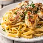 Creamy garlic parmesan chicken pasta recipe in a rustic ceramic bowl