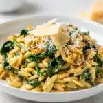 Creamy garlic parmesan orzo with spinach in a white ceramic bowl.