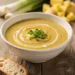 Creamy potato leek soup topped with bacon chives and sour cream