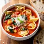 Creamy tomato tortellini soup with spinach and parmesan in a rustic bowl.