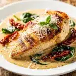 Creamy Tuscan chicken breast in a rich Parmesan sauce with spinach and tomatoes.