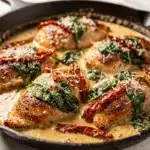 Creamy Tuscan chicken skillet recipe with sun-dried tomatoes and spinach.