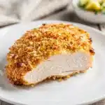 Crispy baked Parmesan chicken with golden brown crust on white plate.