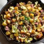 Crispy corned beef hash with cabbage and onions in a cast iron skillet.