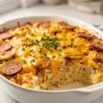 Creamy crockpot hashbrown casserole with chicken sausage and golden cheese.