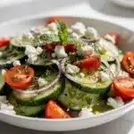 Crisp cucumber feta salad with tomatoes, dill, and lemon herb dressing.