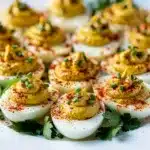 Creamy curry deviled eggs with paprika and chives on a white platter.