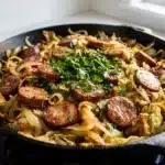 Fried cabbage and sausage recipe on rustic plate with natural lighting