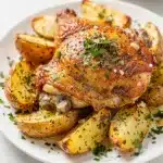 Crispy Greek lemon chicken with tender roasted potatoes and fresh oregano.