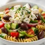 Colorful Greek pasta salad with rotini, feta, olives, and herb vinaigrette.