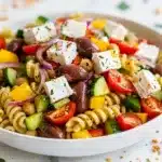 Colorful Greek pasta salad with feta cheese and lemon herb vinaigrette.
