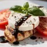 Grilled Chicken Caprese with balsamic drizzle on a white plate