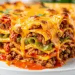 Layered ground beef enchilada casserole with beans corn and melted cheese