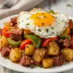 Homestyle corned beef hash with crispy potatoes and peppers in cast iron skillet