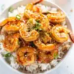 Honey garlic shrimp and rice recipe in close up Pinterest style photo
