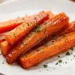 Honey glazed carrots with thyme on a rustic white plate close up