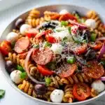 Colorful Italian pasta salad with pepperoni, vegetables, and cheese in a white bowl.