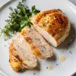 Juicy oven baked chicken breast sliced to reveal tender moist white meat