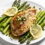 Lemon herb chicken with asparagus in a creamy lemon sauce on white plate