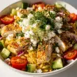 Lemon herb chicken orzo salad with fresh vegetables and feta cheese.