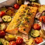 Lemon herb salmon with roasted vegetables on a sheet pan meal