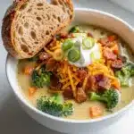 Creamy broccoli cheddar soup topped with bacon and green onions in bowl.