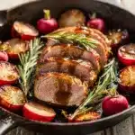 Maple balsamic glazed pork tenderloin with roasted radishes on white platter.