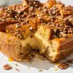 Maple pecan overnight French toast bake slice with citrus glaze on white plate.