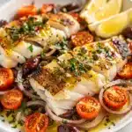 Mediterranean baked cod with tomatoes recipe in a vibrant close up photo