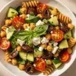 Colorful Mediterranean chickpea pasta salad with fresh vegetables and feta cheese.