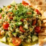 Colorful Mediterranean quinoa tabbouleh with fresh herbs and vibrant vegetables.