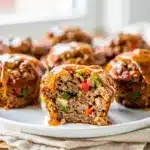 Mini meatloaf muffins with glossy glaze on a rustic wooden table.