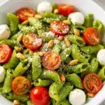 Creamy pesto pasta salad with fresh cherry tomatoes and fusilli pasta.