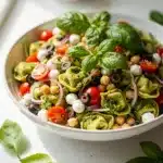 Pesto tortellini pasta salad with tomatoes chickpeas and fresh mozzarella pearls.