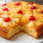 Moist buttery easy pineapple upside down cake with caramelized fruit rings