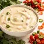 Creamy homemade queso blanco dip with tortilla chips and fresh cilantro garnish.