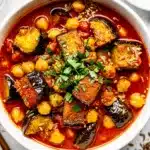 Roasted eggplant and chickpea stew in a rustic bowl with tomato broth.