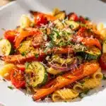Colorful roasted veggie pasta salad with fusilli and lemon herb dressing.